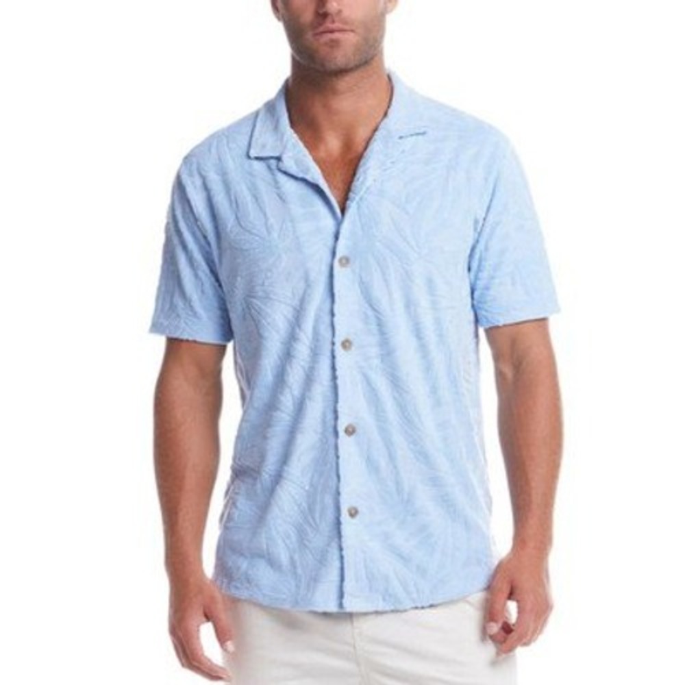 Weatherproof Vintage Mens Terry Cloth Palm Leaf Blue Short Sleeve Shirt Size M